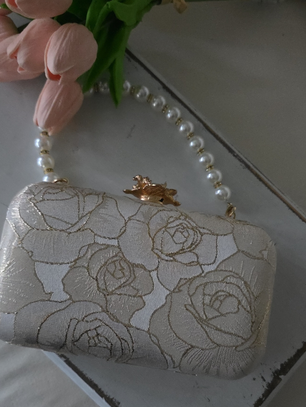 Pearl-Handle Champagne Floral Evening Clutch NWOT